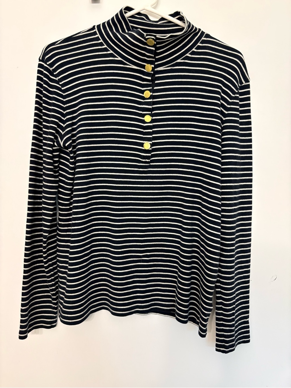 Jones New York Women’s Large Striped Mock Neck Long Sleeve Top Heavy Buttons